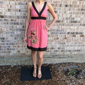 Peacock embroidered dress pink strap brown